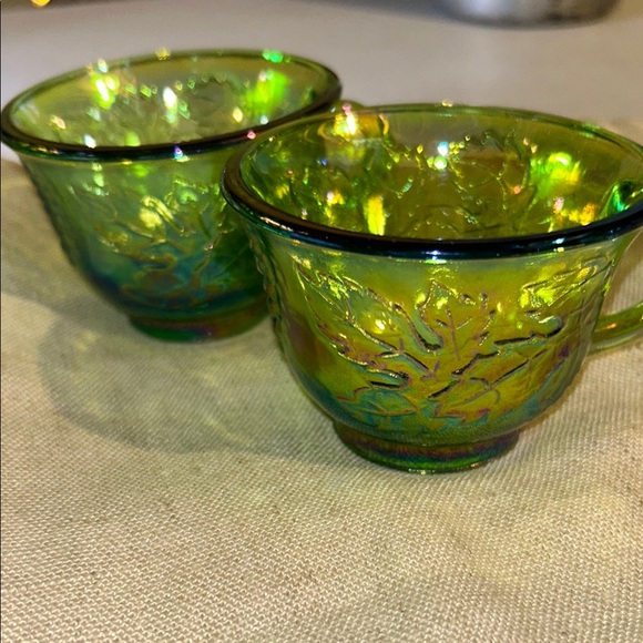 Vintage carnival green glass bowl with 4 teacups. PRISTINE condition. - Picture 3 of 7
